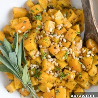 5 Ingredient Oven Roasted Garlic and Herb Butternut Squash with Pine Nuts