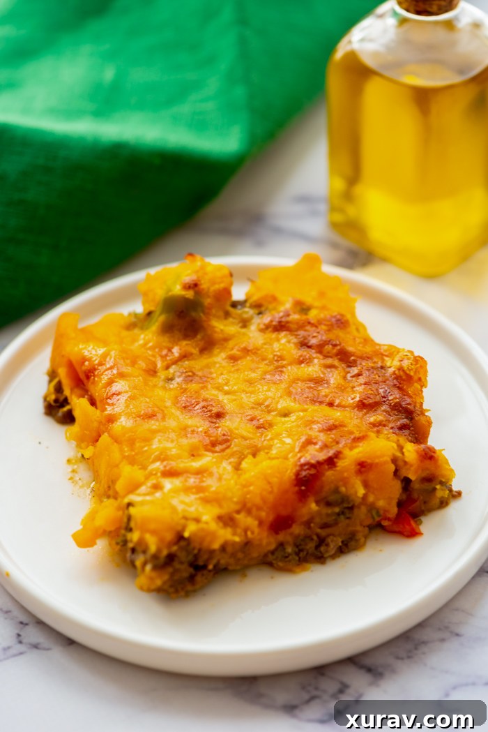Sweet Potato Shepherd's Pie with a close-up of the mashed sweet potato topping