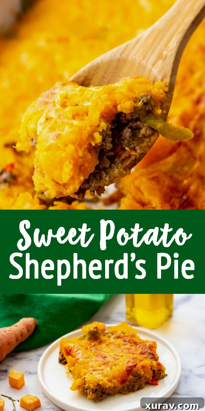 Pinterest graphic: Sweet Potato Shepherd's Pie recipe title and image