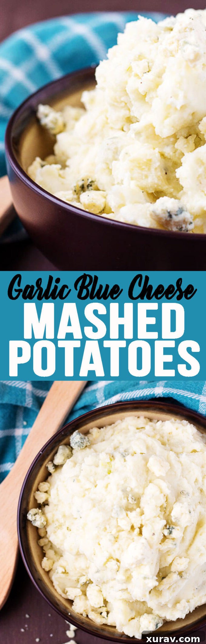 Pinterest graphic promoting Roasted Garlic Bleu Cheese Mashed Potatoes