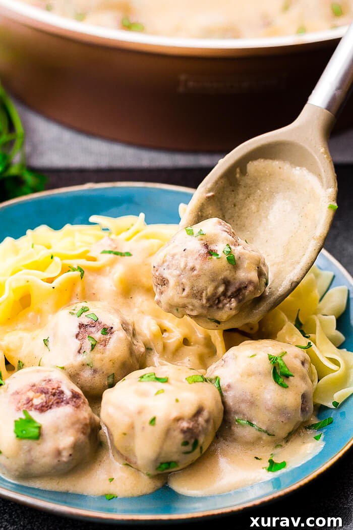 Swedish Meatballs Process Four images showing the process and final dish of Swedish Meatballs