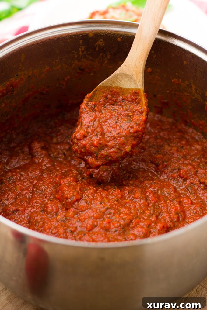 Easy homemade spaghetti sauce being scooped out of a silver pot by a wooden spoon, highlighting its rich texture and color.