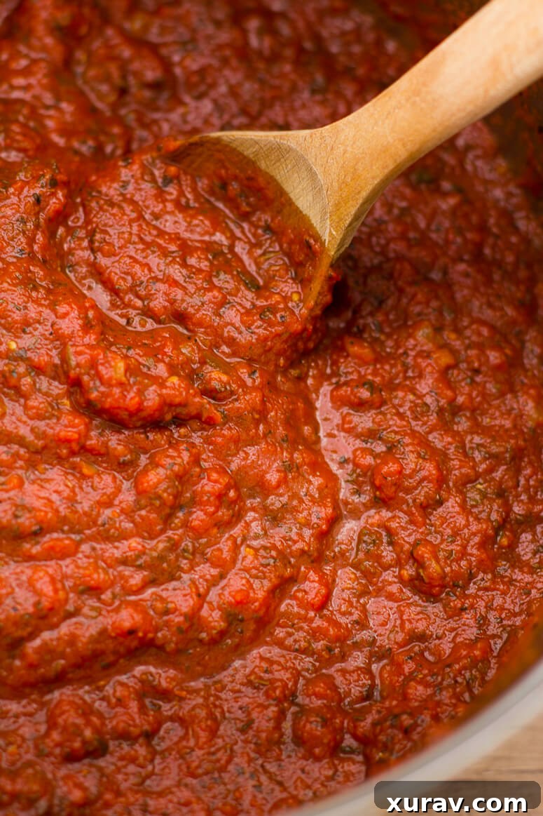 Homemade Spaghetti Sauce simmering invitingly in a pot, with a wooden spoon resting inside, ready to be served.