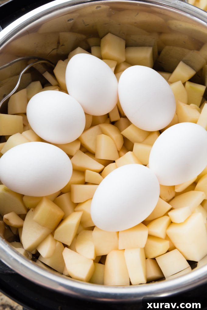 Cooking eggs and potatoes at the same time in the pressure cooker for Instant Pot Potato Salad
