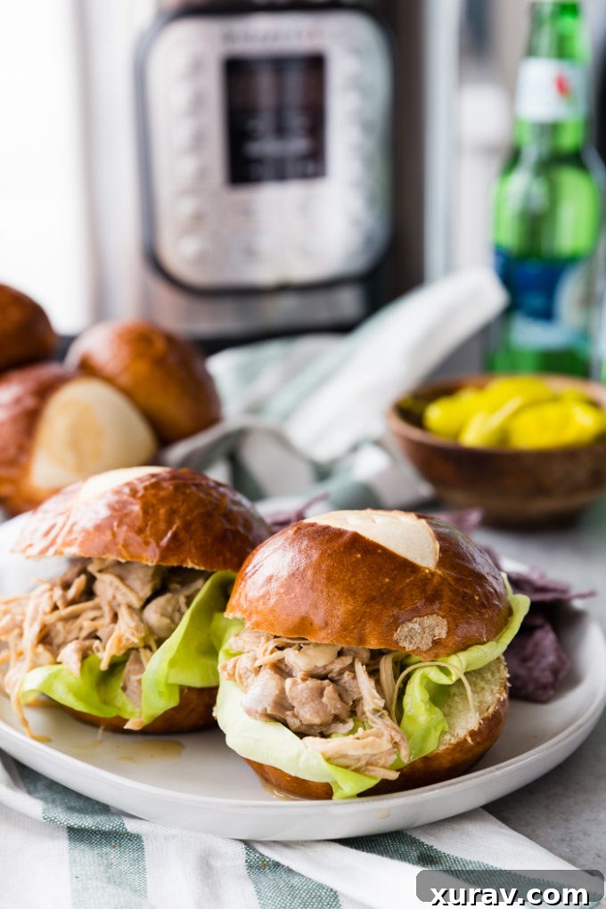 Instant Pot Mississippi Chicken Bliss 2 Instant Pot Mississippi Chicken made into sliders with pretzel buns
