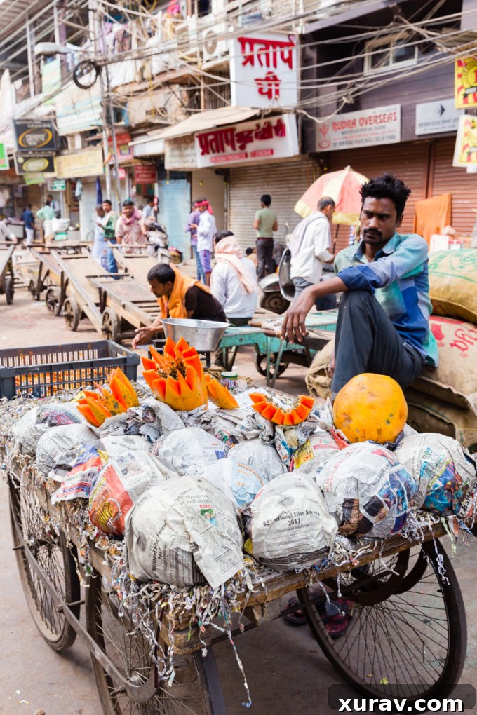 A fruit vendor from Old Delhi India, displaying fresh produce