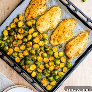 Sheet Pan Roasted Brussels Sprouts and Chicken, a complete and easy meal cooked on one pan.