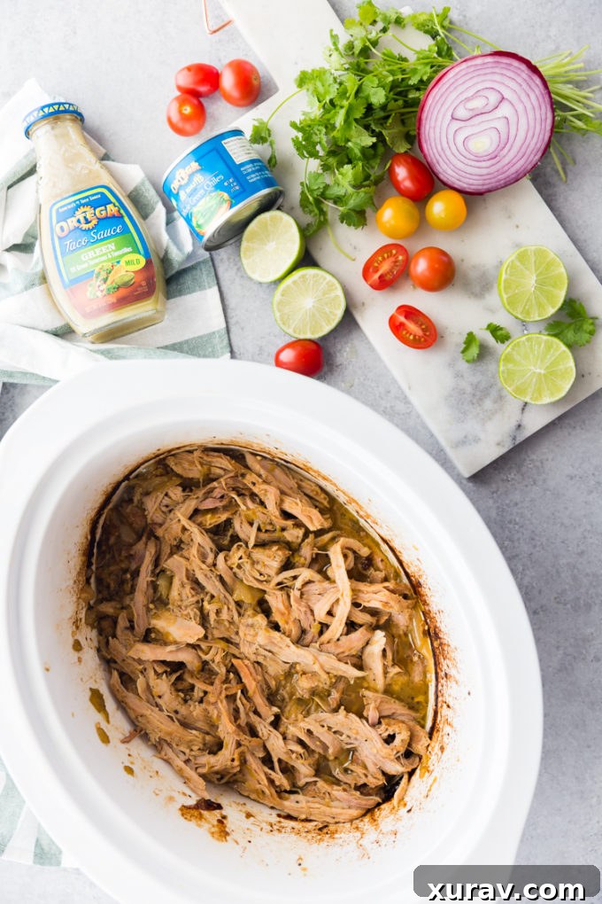 Perfectly seasoned Slow Cooker Pork Carnitas, with bacon fat, ready for making delicious tacos