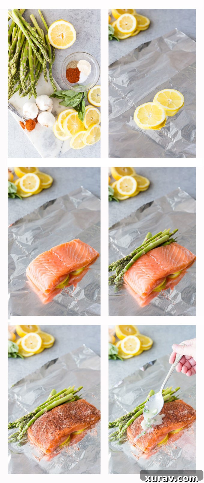 Lemon Butter and Basil Salmon with Asparagus foil packets - Close up, ready to serve