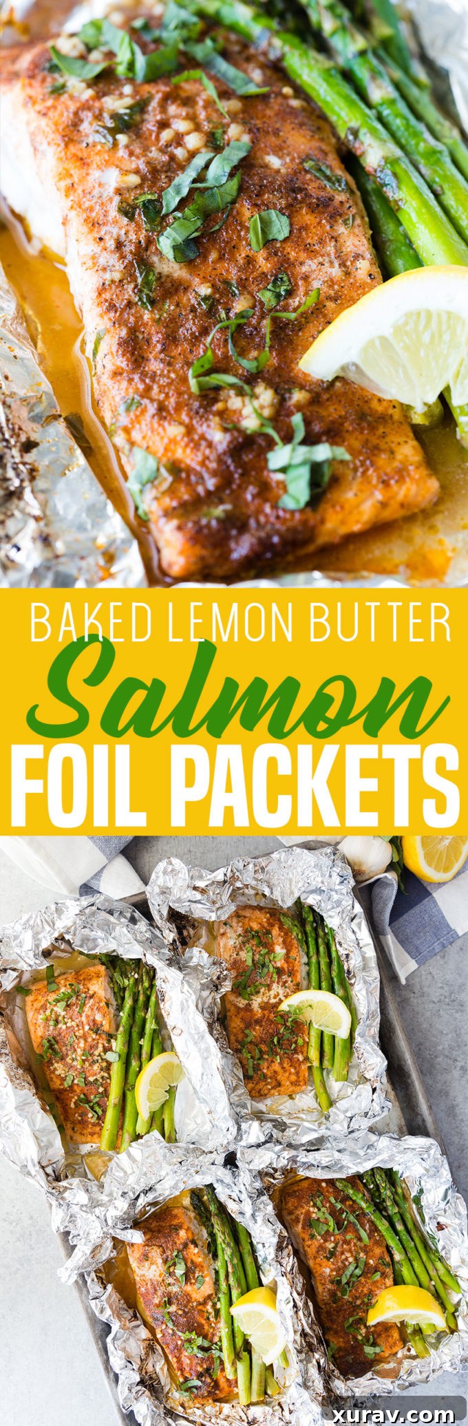 Making a baked lemon butter salmon with asparagus, foil packet, step-by-step assembly