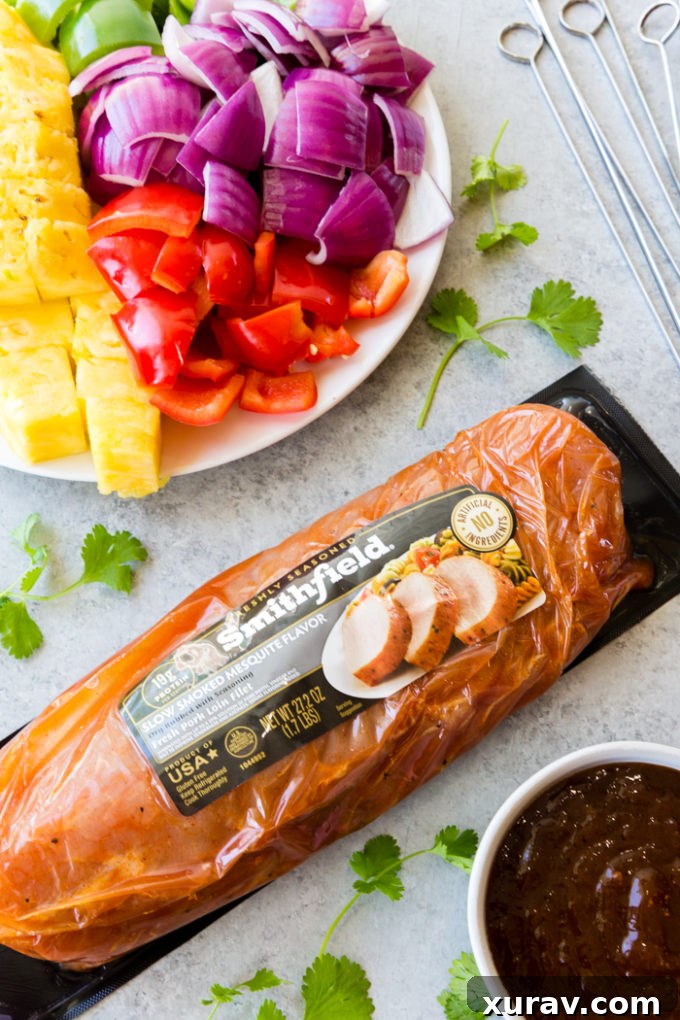 Smithfield Slow Smoked Mesquite Marinated Fresh Pork Loin Filet and other fixings for bbq pork shish kabobs