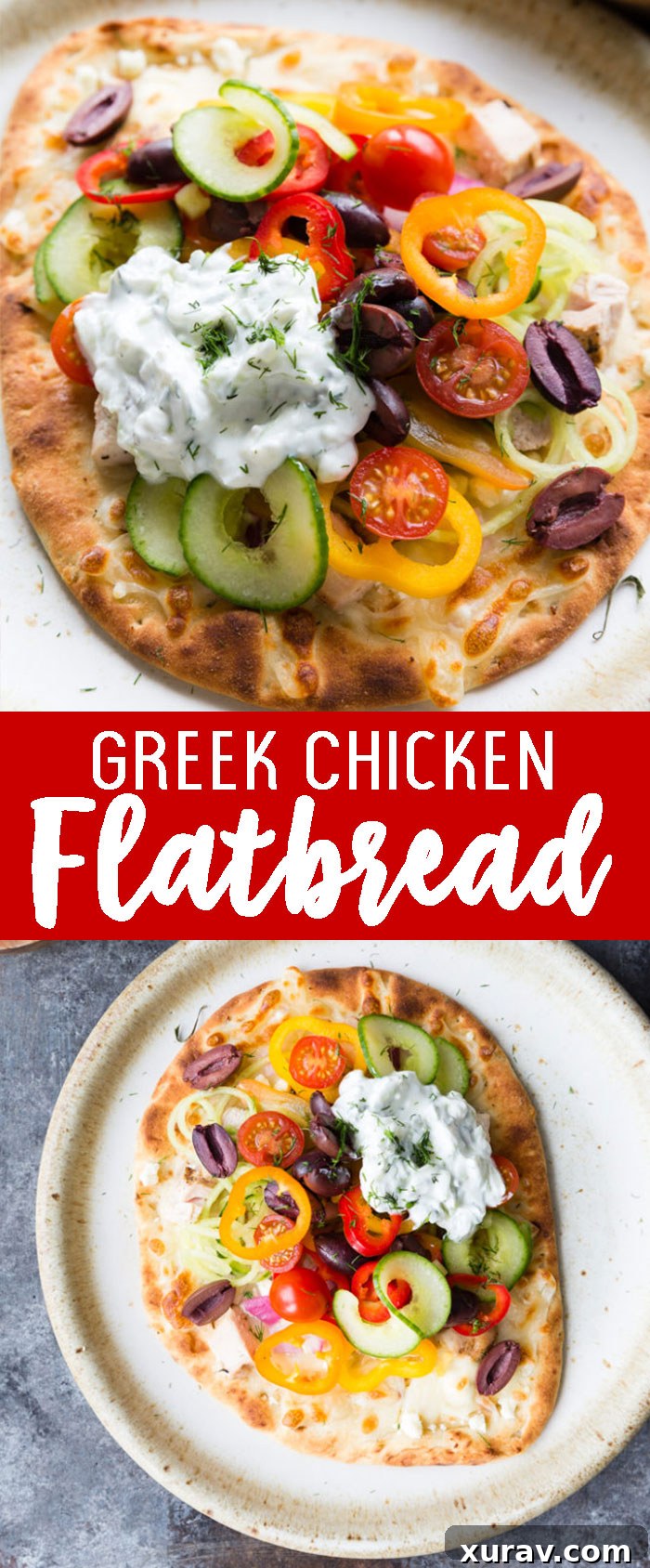 Greek Chicken Flatbread with a fresh, vibrant topping of chicken, vegetables, and creamy sauces on a neutral plate.