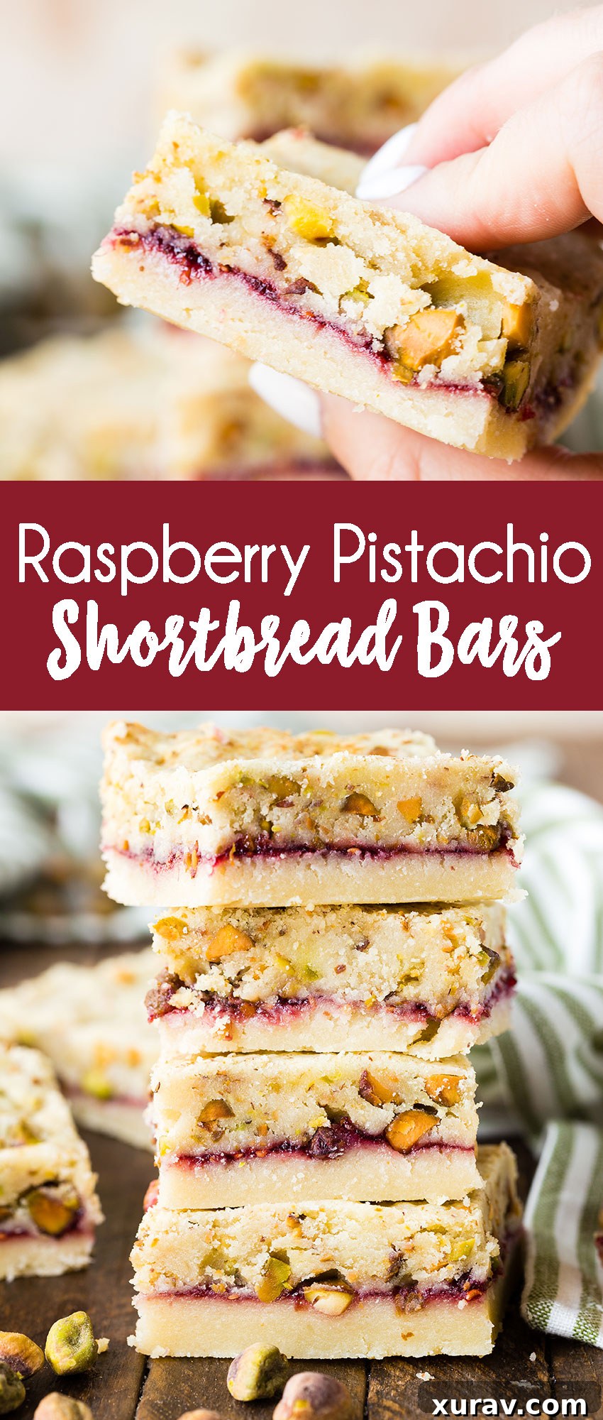 Buttery shortbread with a jam and pistachio layer, to make a cookie bar, ideal for holiday baking.
