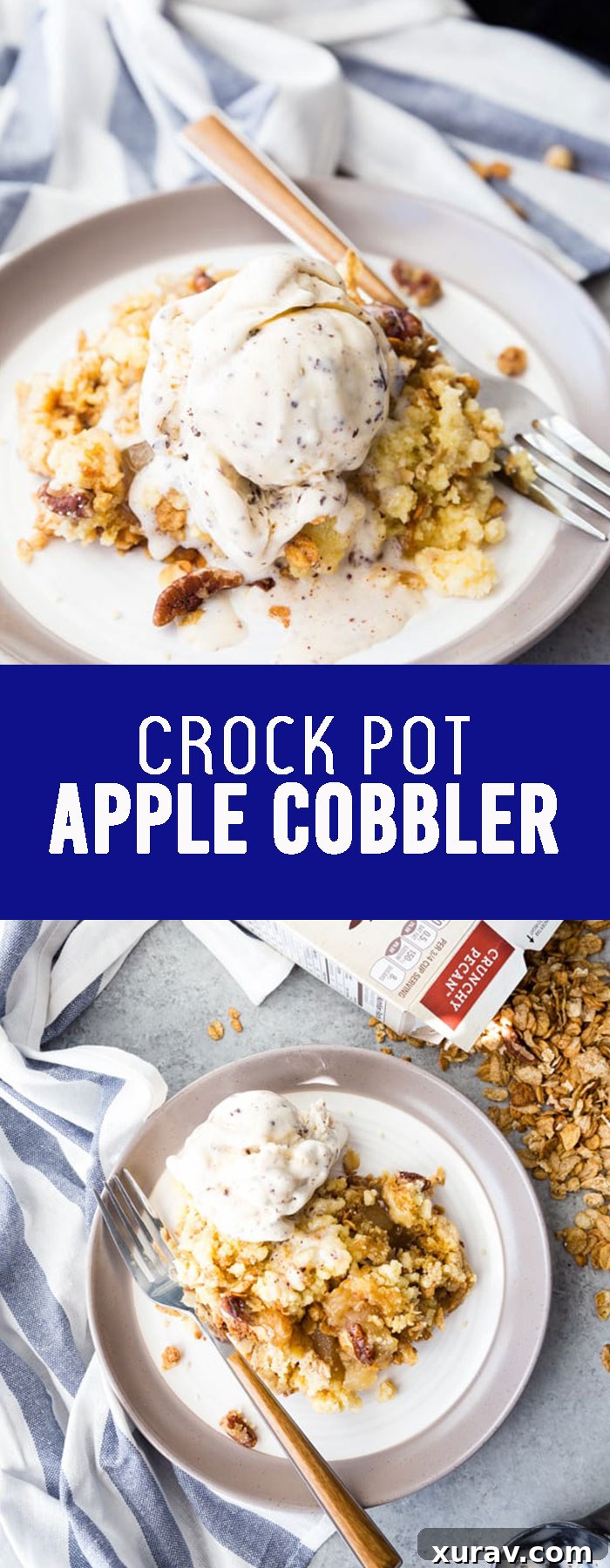 Served Crockpot Crunchy Pecan Apple Cobbler with ice cream, perfect for a cozy dessert