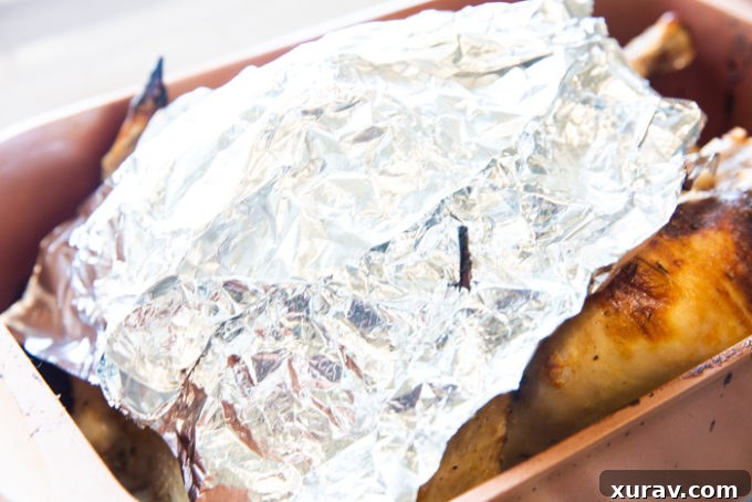 A turkey in a roasting pan with a foil hat