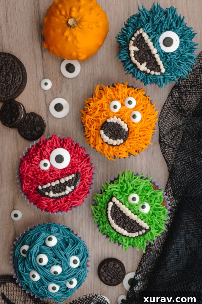 Monster Halloween Cupcakes- Grass icing tip, colored frosting, eye balls, and OREO cookies