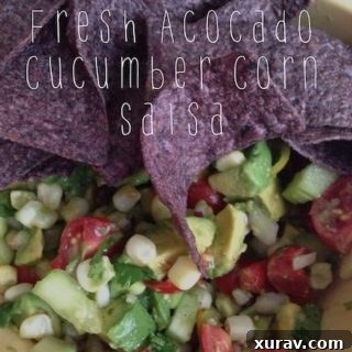 Close-up of Fresh Avocado Cucumber Corn Salsa showcasing its colorful ingredients