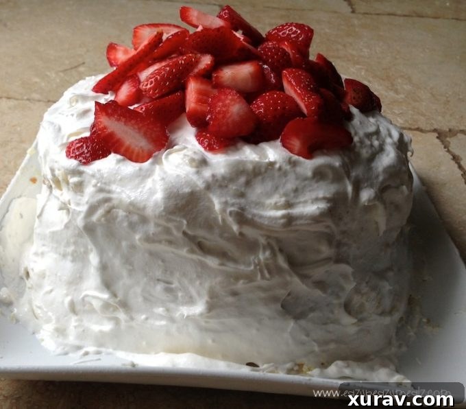 Rich butter cake layered with fresh strawberries and stabilized whipped cream, ready to serve.