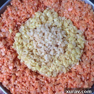 Close-up of a festive Candy Corn Rice Crispy Treat