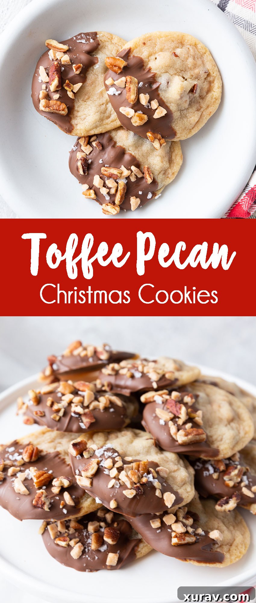 Toffee pecan christmas cookies on a red plaid napkin - Pinterest Pin Image
