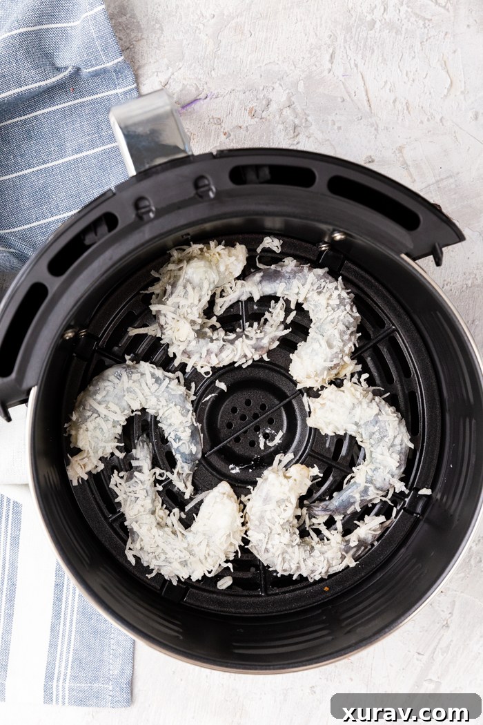 Uncooked, breaded shrimp ready for the air fryer basket