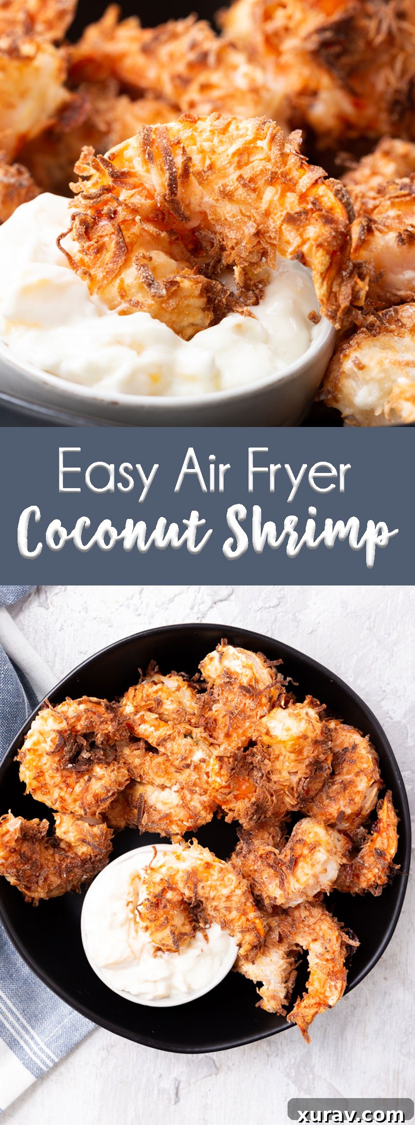 Easy air fryer coconut shrimp, ready for pinning on Pinterest