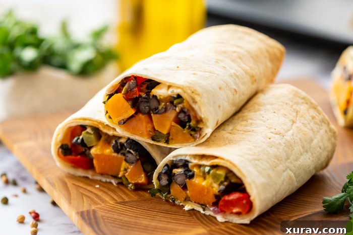 Delicious Sweet Potato and Black Bean Burritos, perfectly wrapped and ready to eat.