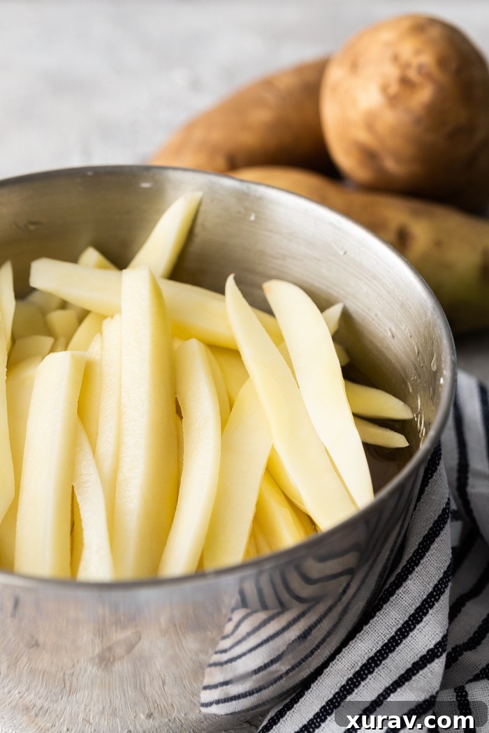 A bowl of freshly air-fried French fries, perfectly golden and crispy, served with a side of ketchup.