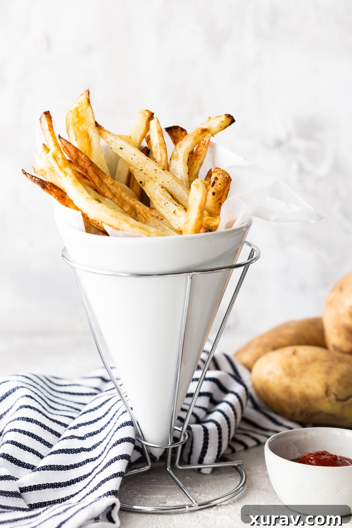 A large serving of homemade air-fried French fries, seasoned and piled high in a bowl.