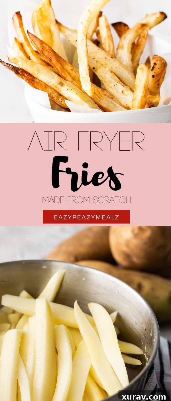 Air Fryer French Fries Pinterest pin image: Crispy, delicious fries with a fraction of the oil, these air fryer fries are a dream. A perfect image to share on social media.
