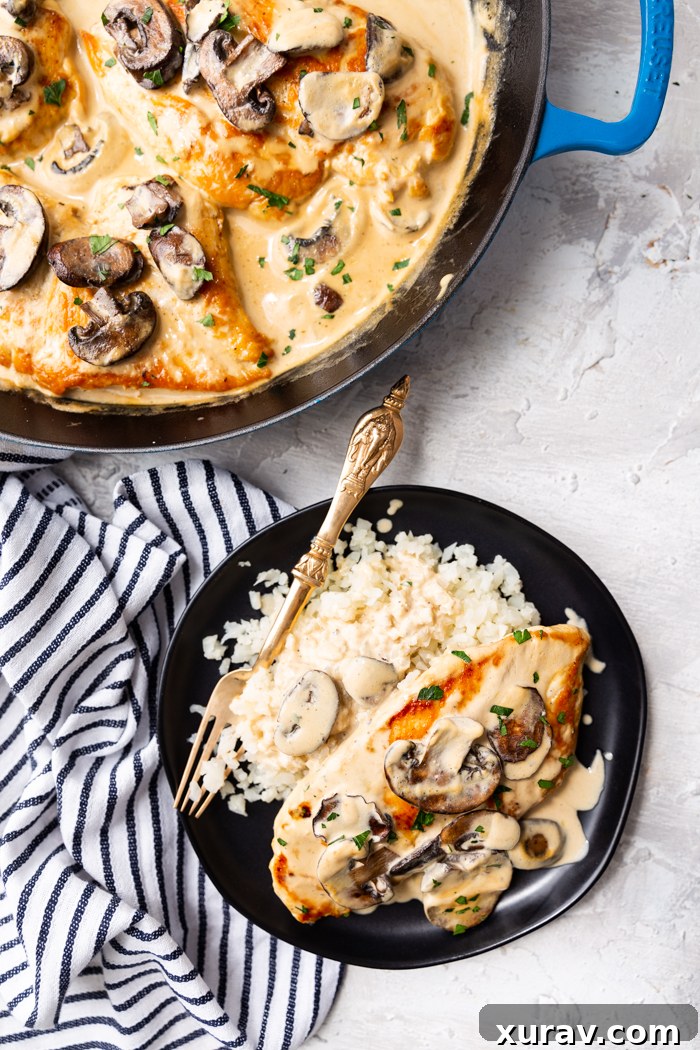 Skillet chicken marsala, a creamy sauce with mushrooms and chicken, ready to serve