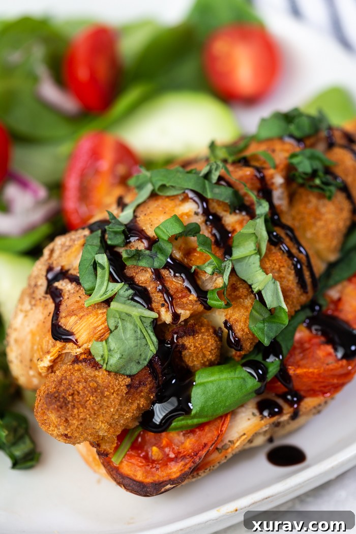 Caprese air fryer stuffed chicken, beautifully cooked and ready to serve.