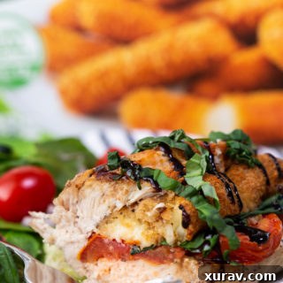 Caprese air fryer stuffed chicken breasts, a close-up of the delicious dish.
