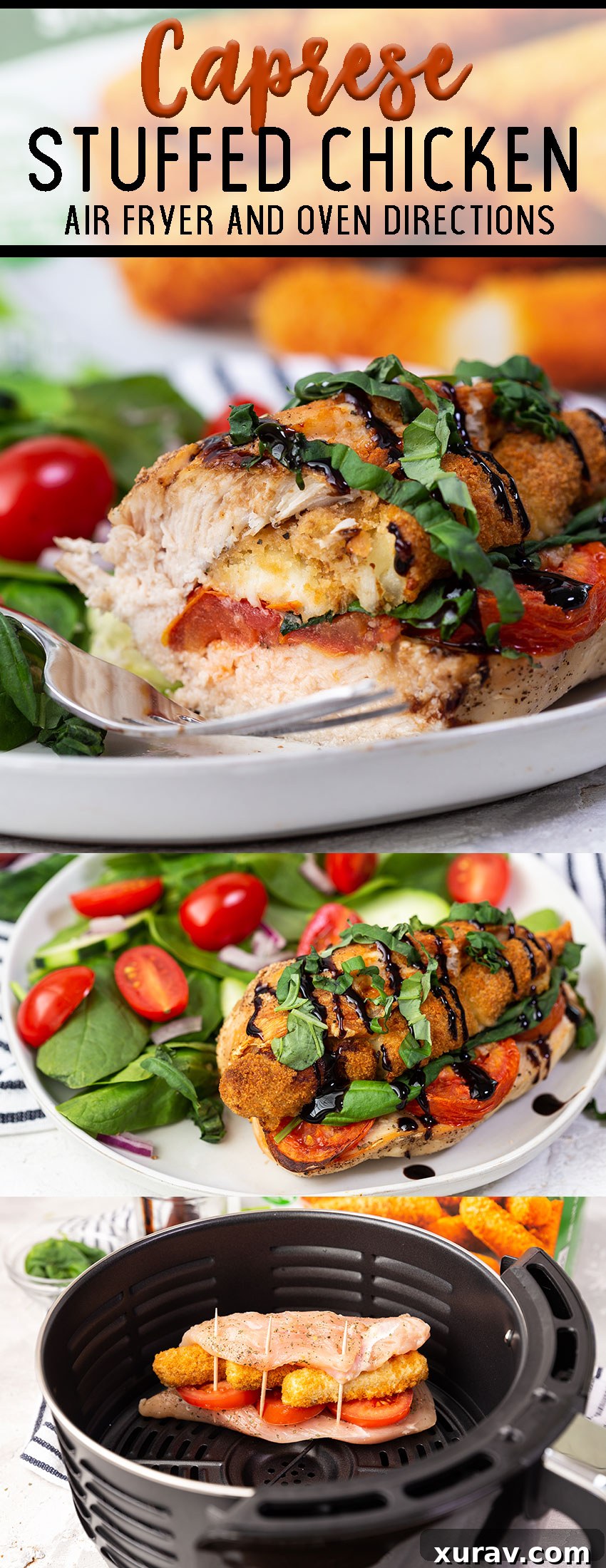 Caprese stuffed chicken breasts with balsamic glaze and fresh basil, ready for Pinterest.