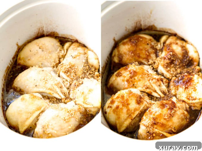 Garlic Lime Chicken in crockpot sitting in marinade while cooking.