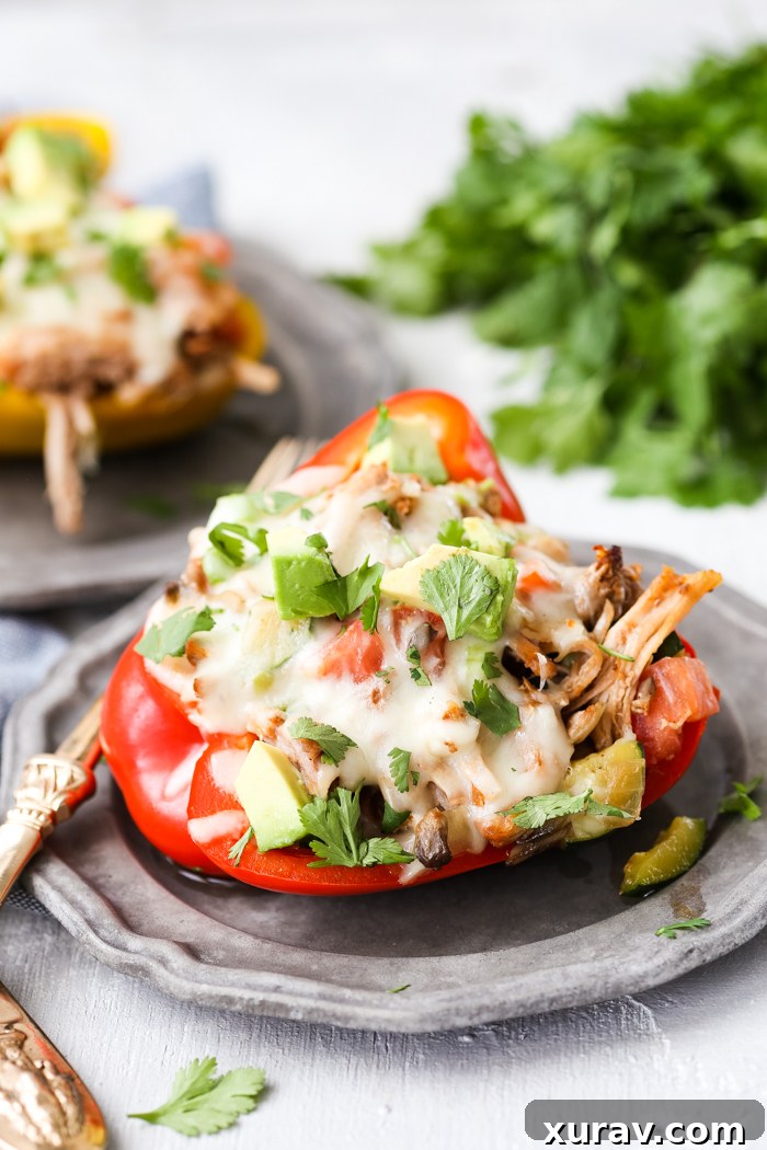 Pork stuffed pepper topped with mozzarella, cilantro, and avocado, on a pewter plate, with cilantro in the background