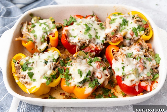 Pork stuffed peppers, topped with cilantro and sweet and smokey pork