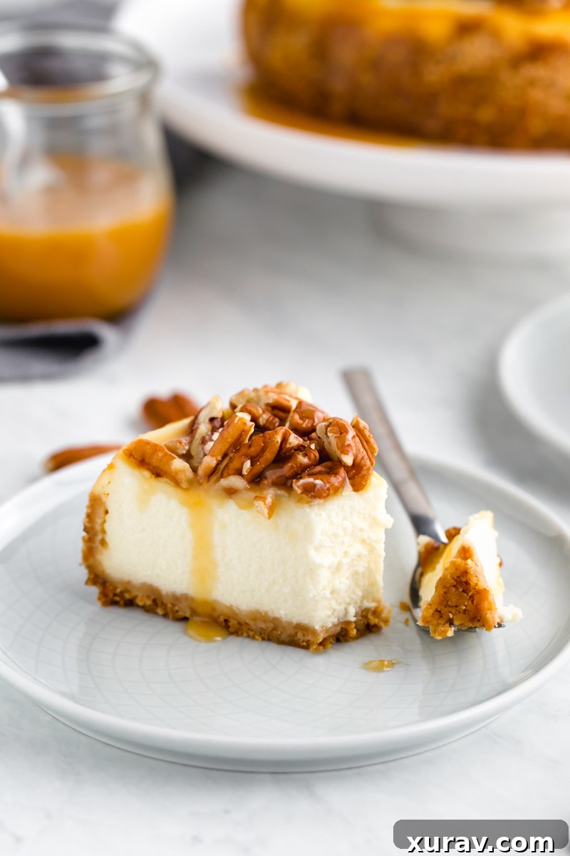 A piece of cheesecake with caramel pecan topping