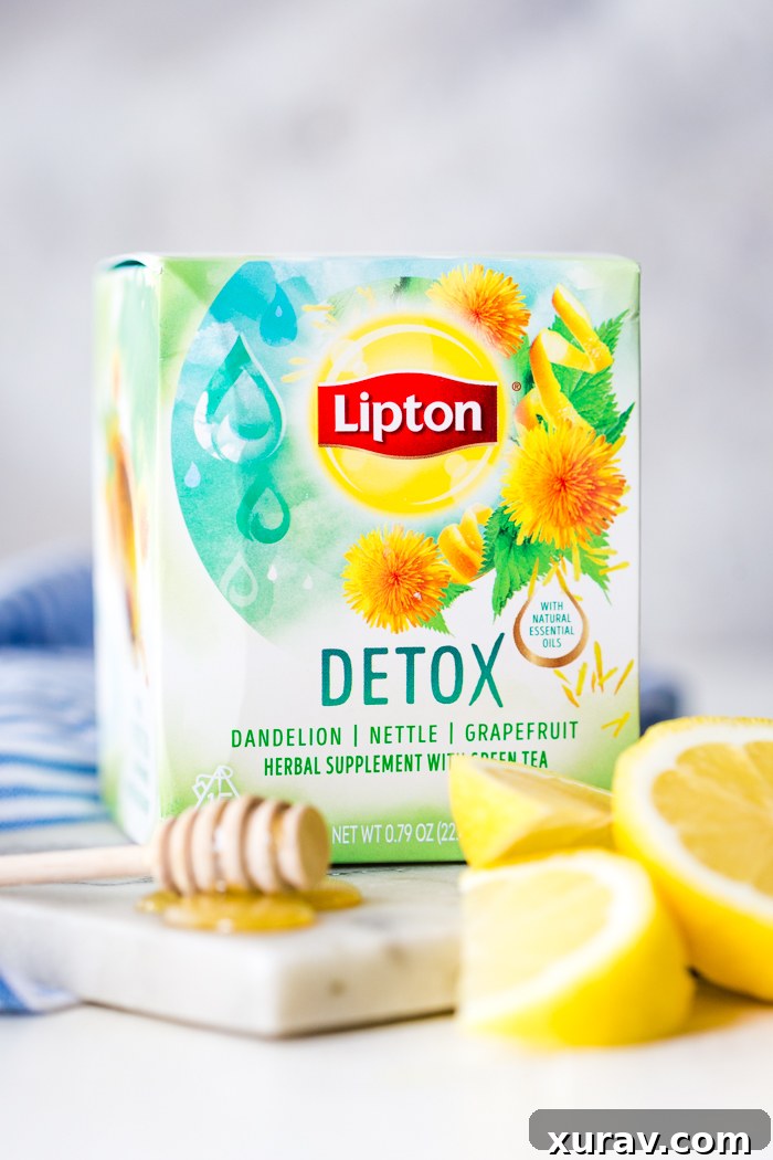 A package of Lipton Herbal Detox tea with honey and lemon