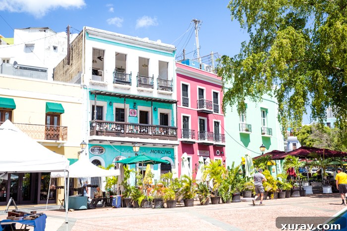Colorful historic buildings in Old San Juan, Puerto Rico.