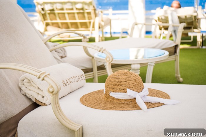 Relaxing lounge chairs in The Sanctuary, an adults-only area on a Princess Cruise ship.