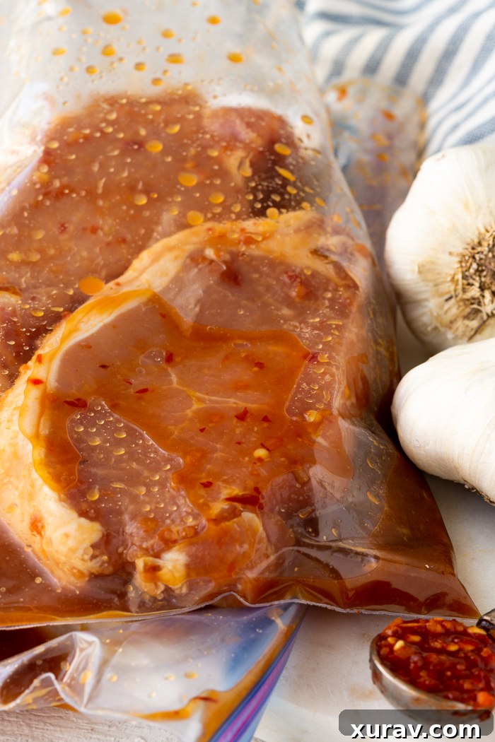 Chili Garlic Marinated pork chops on a plate.