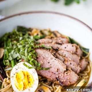 A bowl of delicious Grilled Roasted Garlic & Cracked Black Pepper Pork Tenderloin Ramen