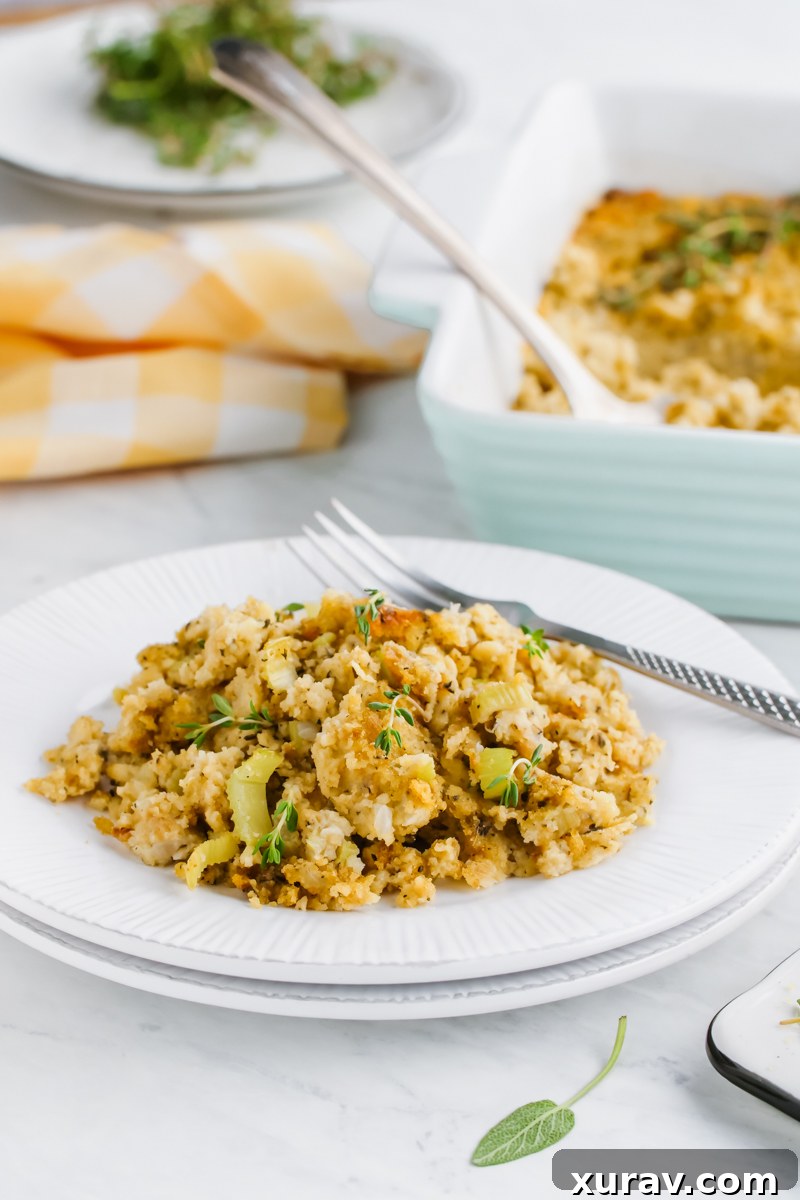 A serving of golden-brown cornbread dressing on a white plate, garnished with fresh herbs, ready to be enjoyed.