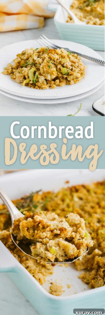 A tall, narrow image of cornbread dressing on a serving spoon, showcasing its fluffy texture.