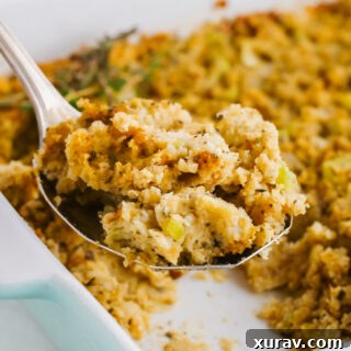A top-down view of a bowl of cornbread dressing, a classic side dish.