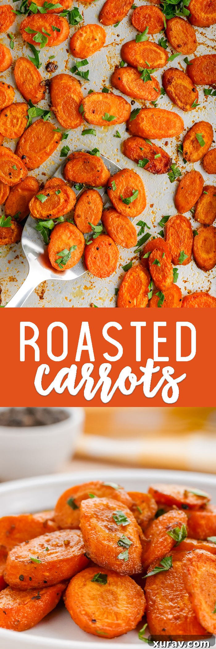Pinterest pin graphic for Roasted Carrots recipe, showing multiple images and text