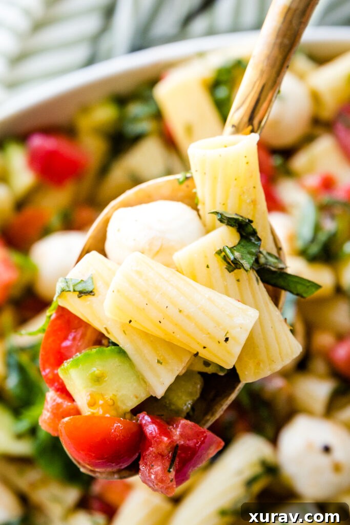 close up of pasta Caprese salad