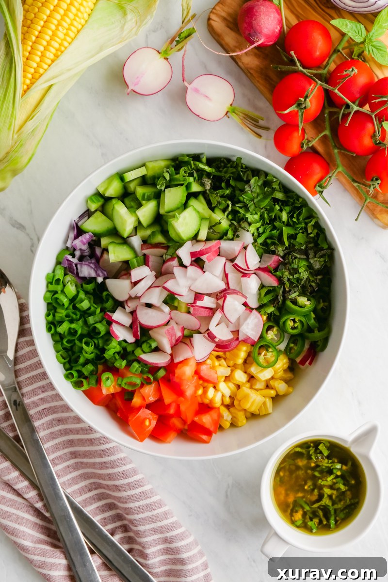 Close-up of corn salad in a bowl, showcasing fresh ingredients