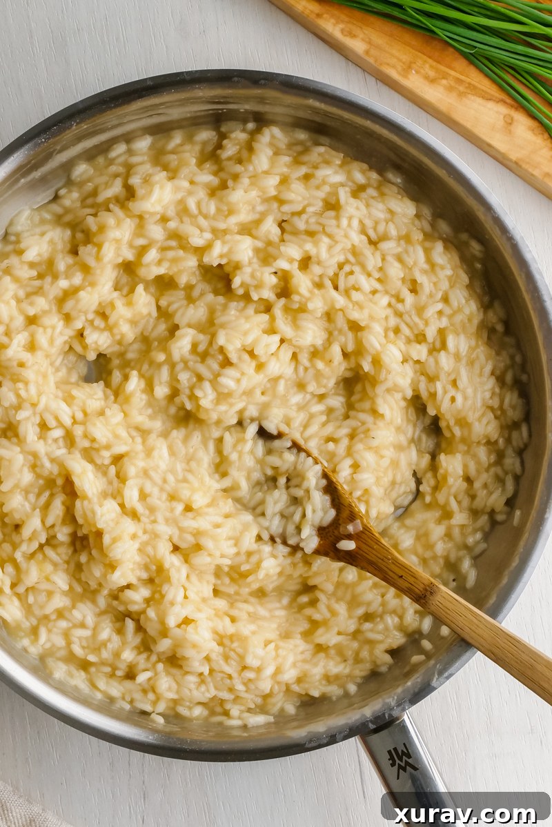 Close-up of creamy mushroom risotto in a pan